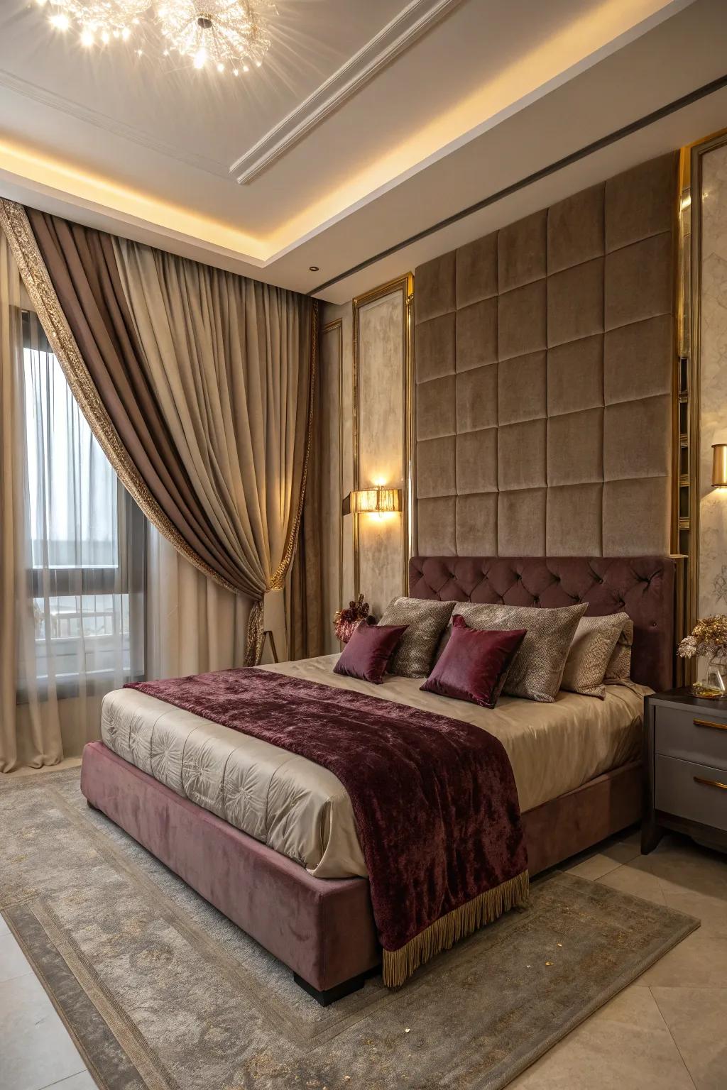 An elegant bedroom displaying delicate velvet cushions and silk drapes.