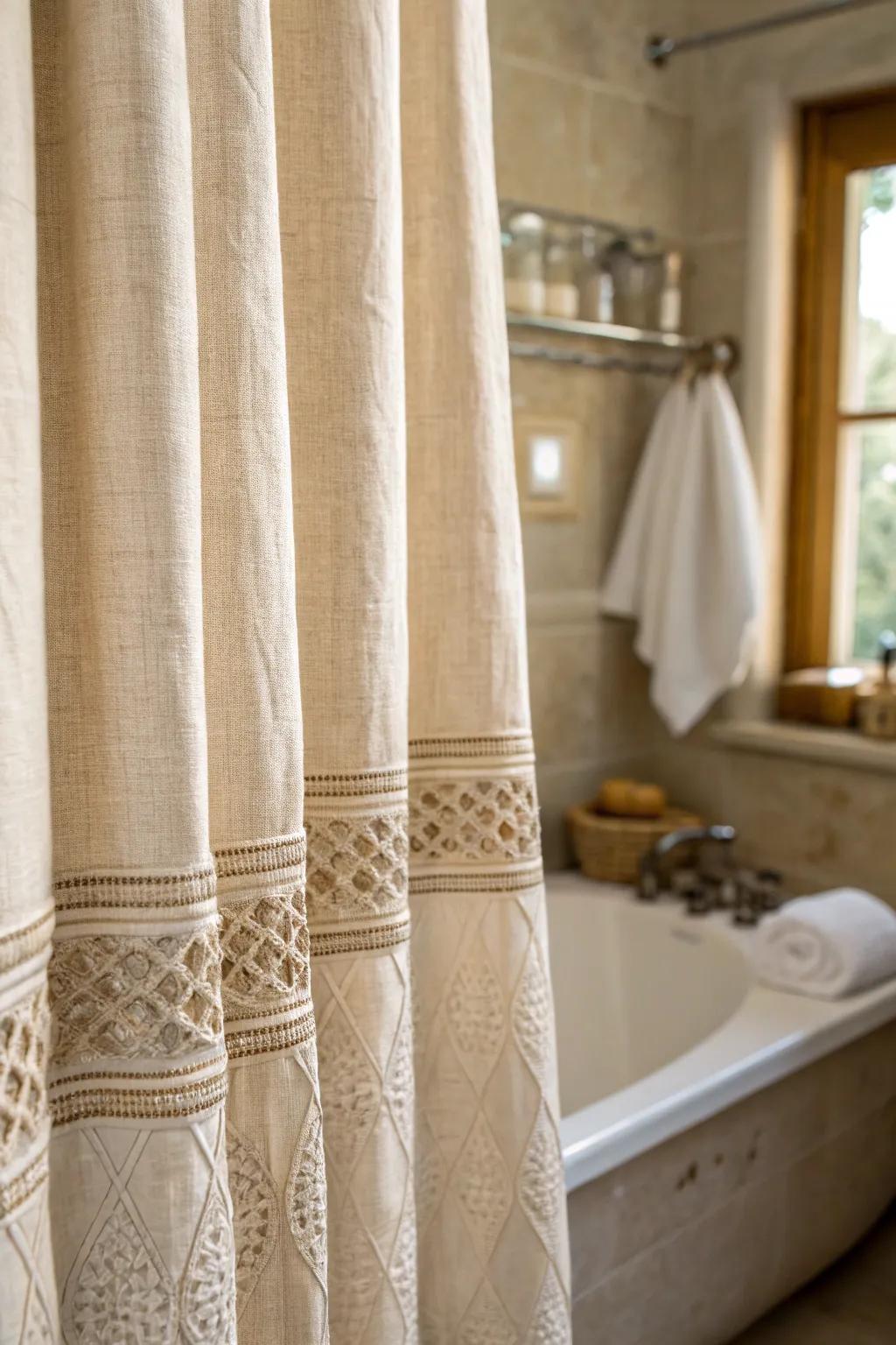 A close-up of a textured linen shower curtain, enhancing the depth of the bathroom's decor.