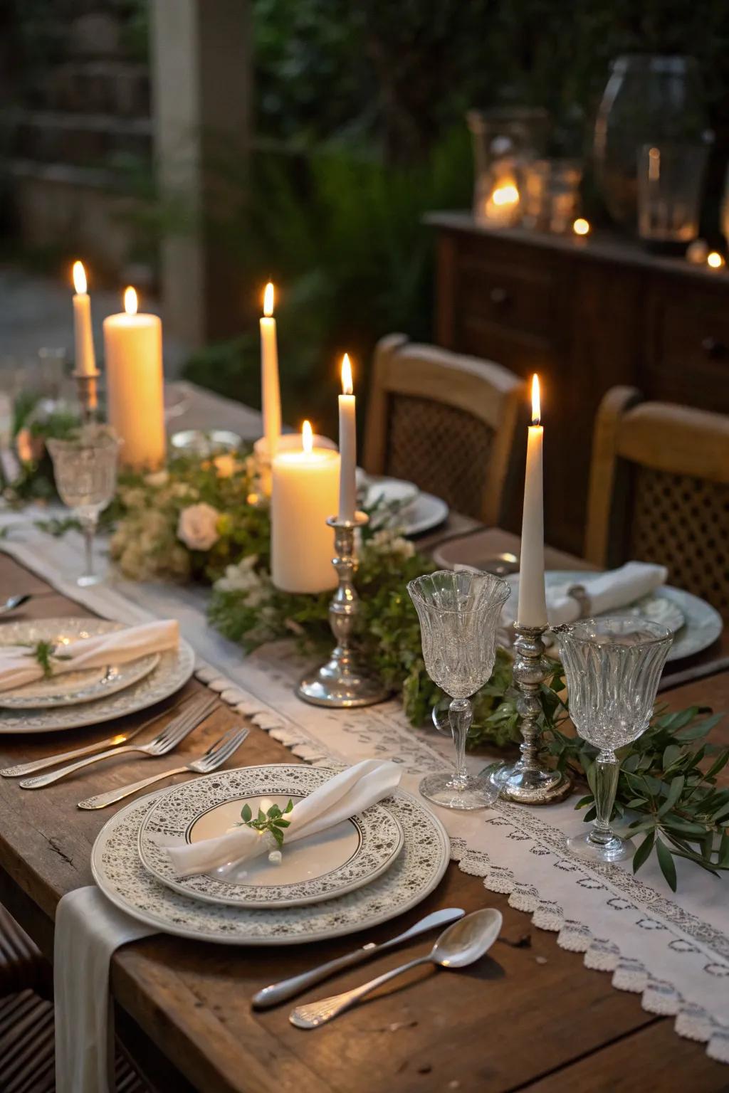 The gentle glow of candles creates a romantic atmosphere.
