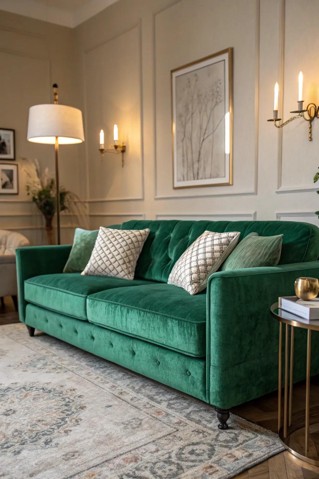 A luxurious green velvet couch serves as a central design highlight.