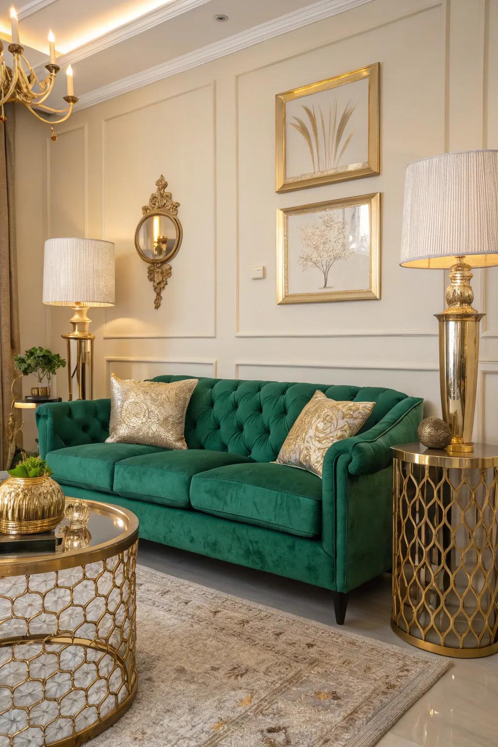 Gleaming accents beautifully elevate a verdant couch.