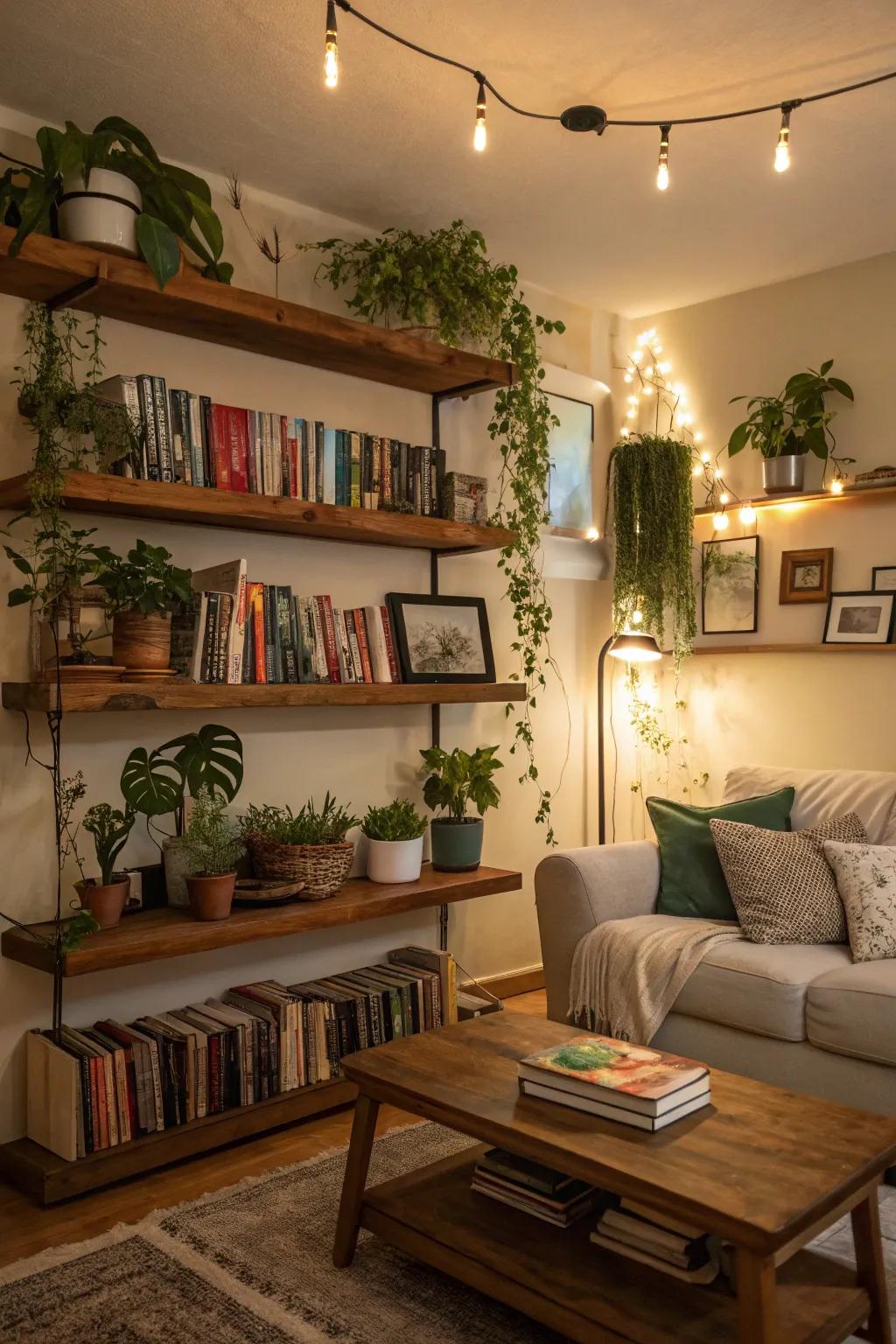 Shelves stylishly furnished with greenery and books.