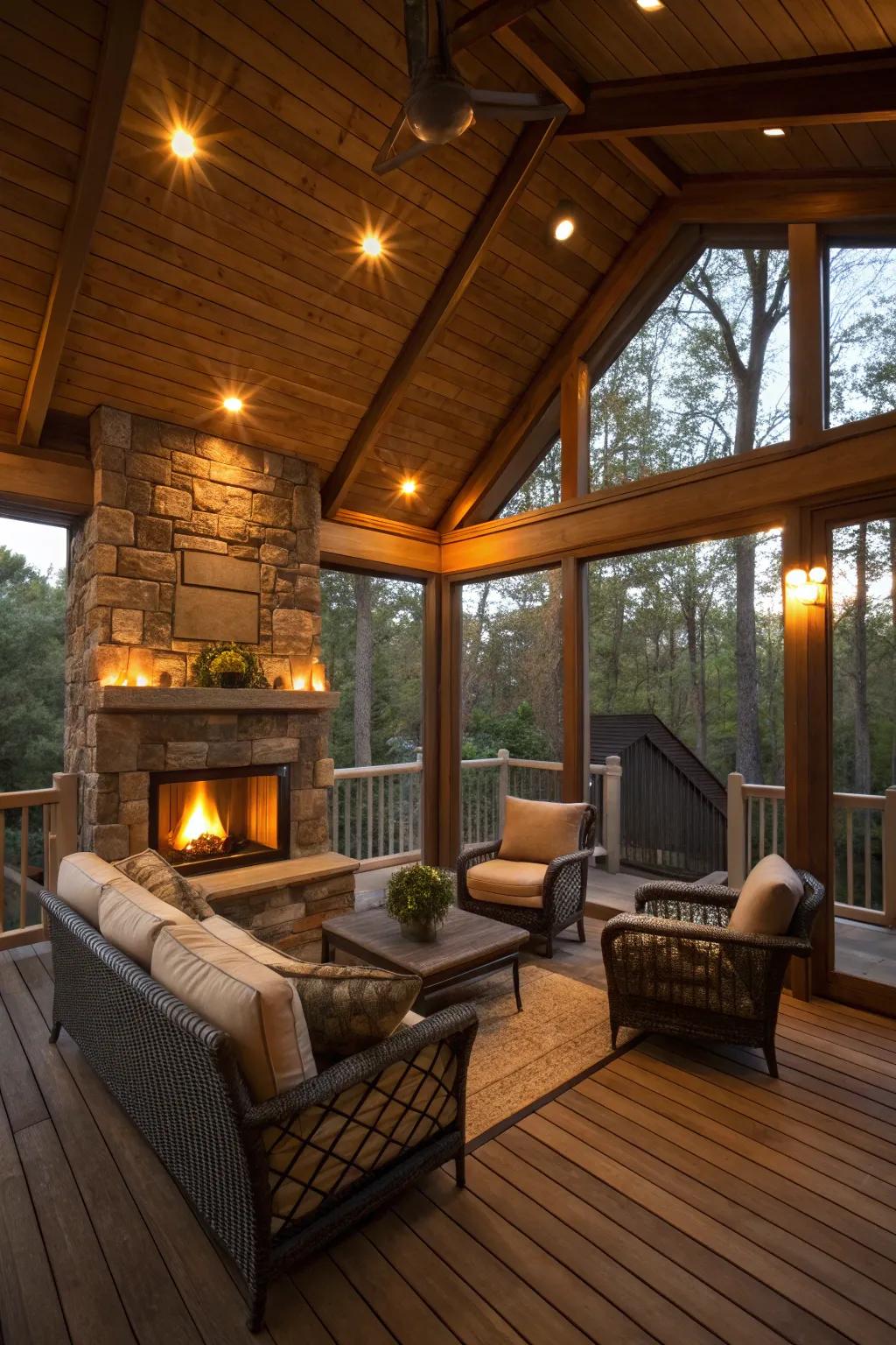 An alluring fireplace corner within a sheltered patio.