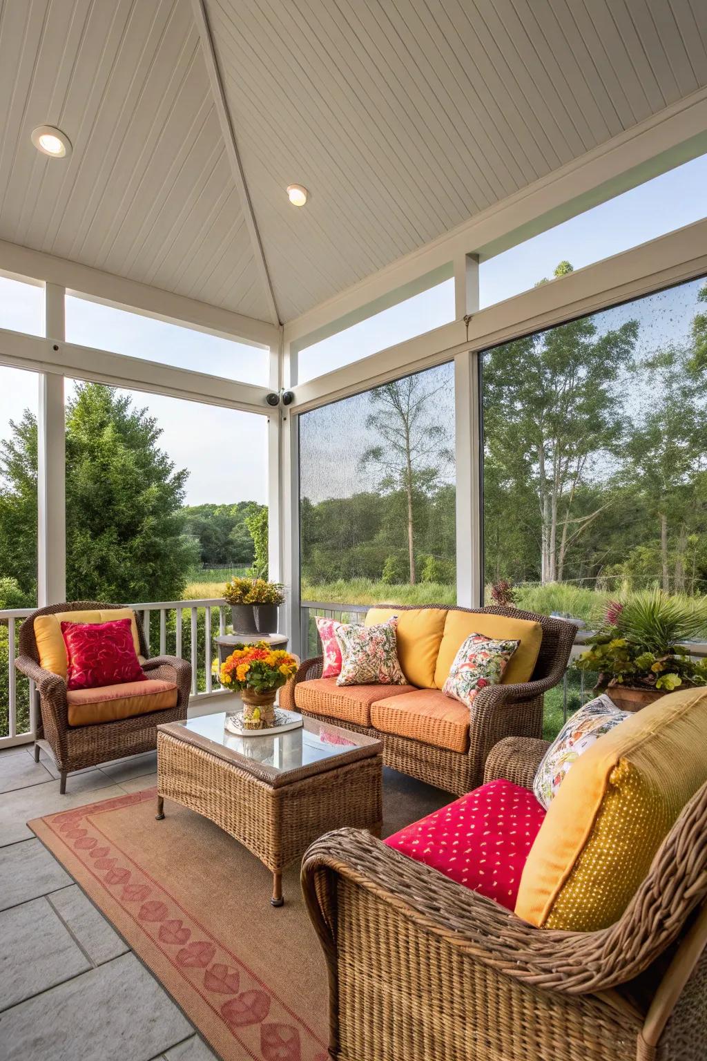 A soothing screened patio, ideal for savoring nature's beauty without the annoyance of bugs.