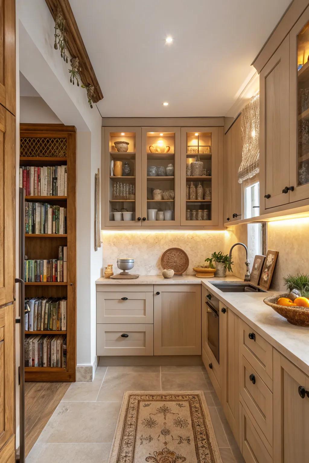 Open shelves on the side of a cabinet provides an attractive spot to show off your best kitchen decor.