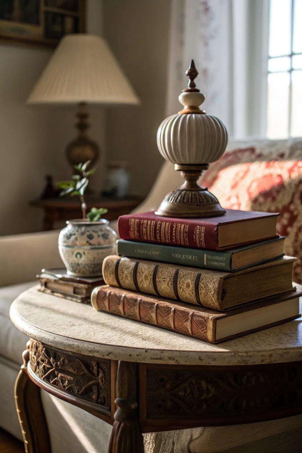 A stack of antique books infuses a side table with character.