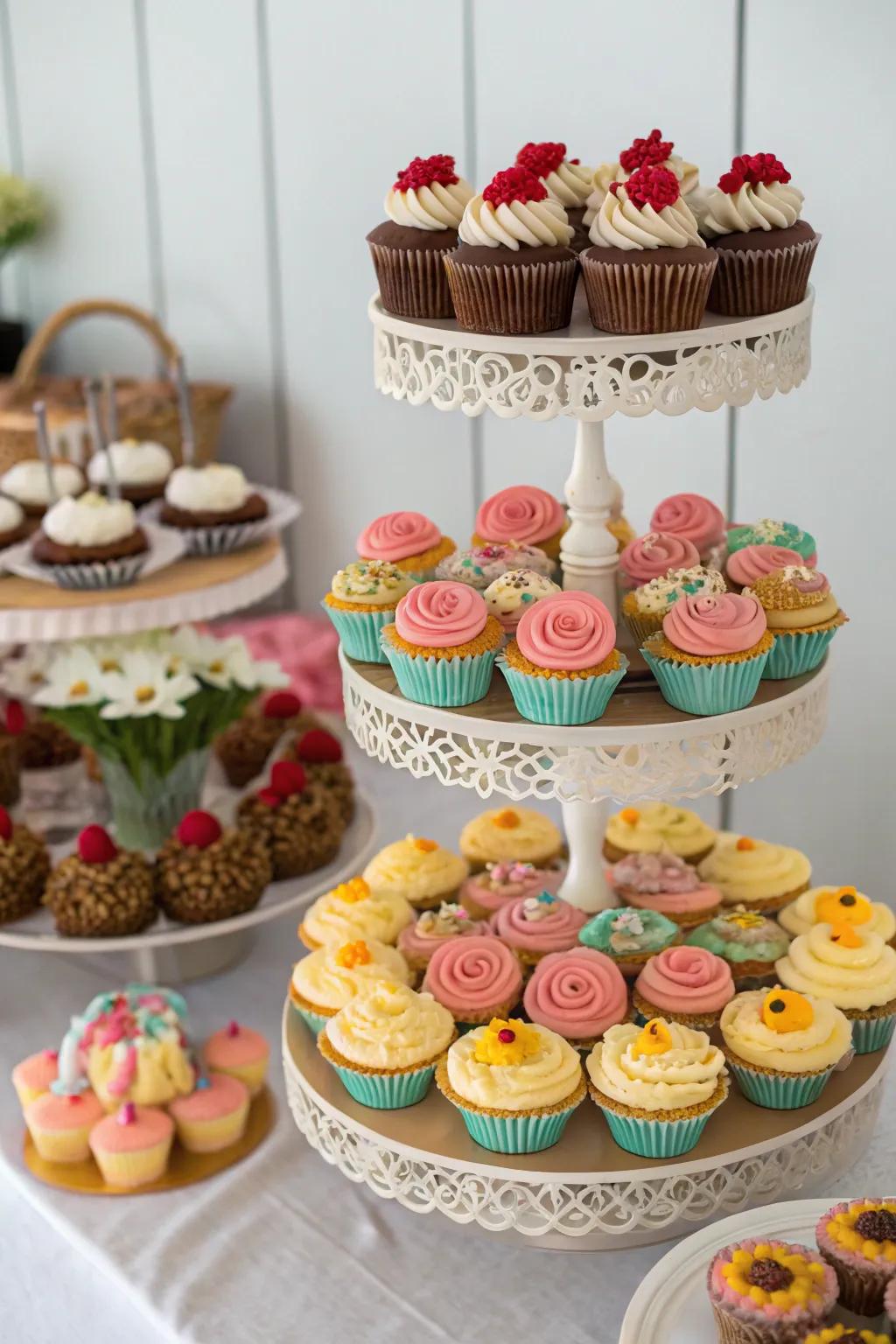 A dessert display serving as a visual pleasure, exhibiting delicious cupcakes and pastries.