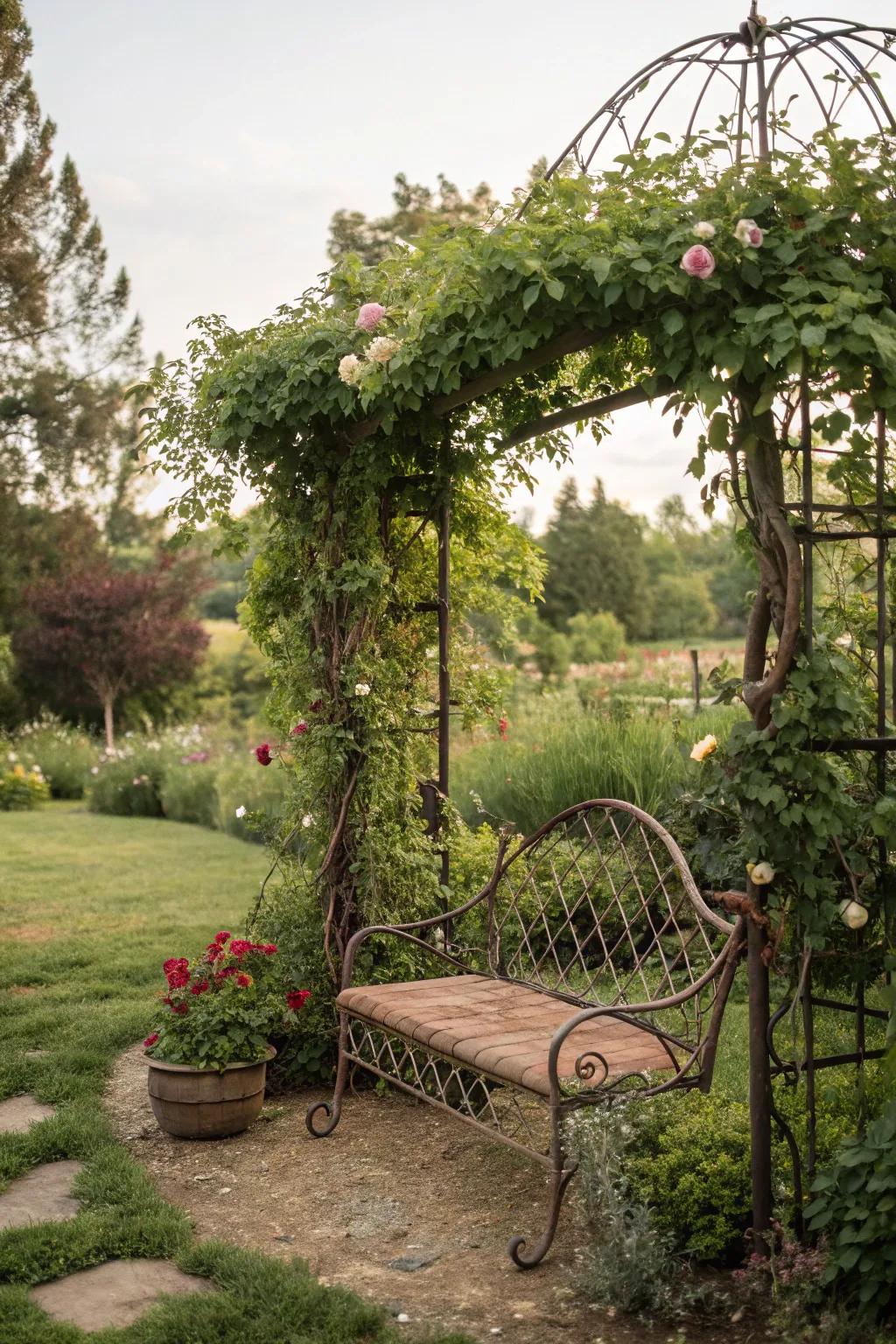 A country-style relaxation spot encourages unwinding within the garden.