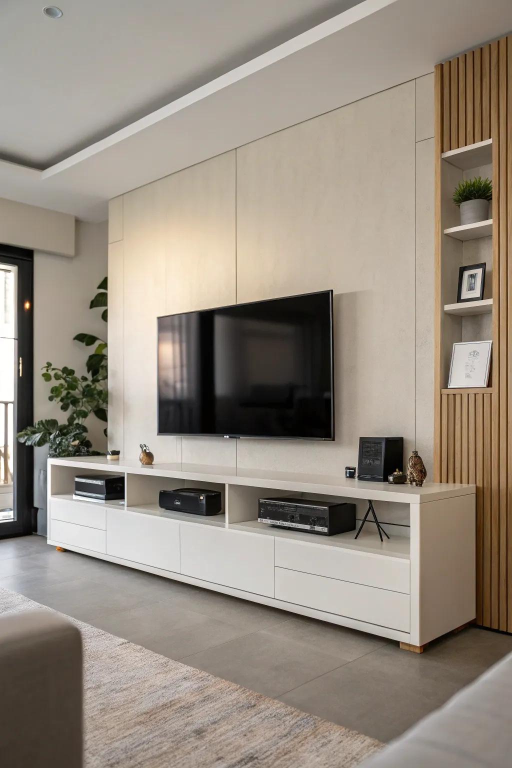 A minimalist entertainment center featuring a large TV and clean lines.