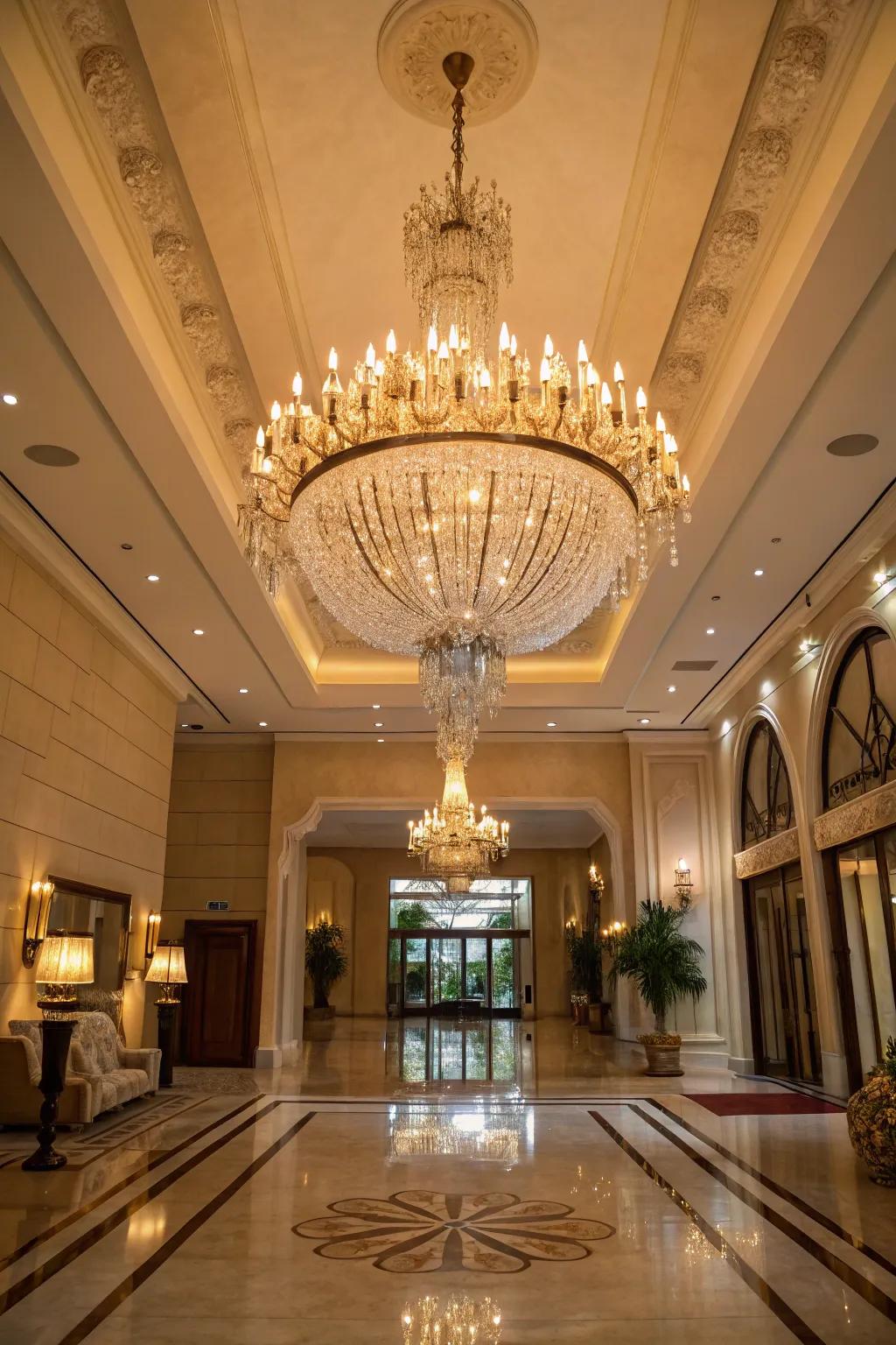 An extravagant chandelier lends drama and refinement to the entryway.