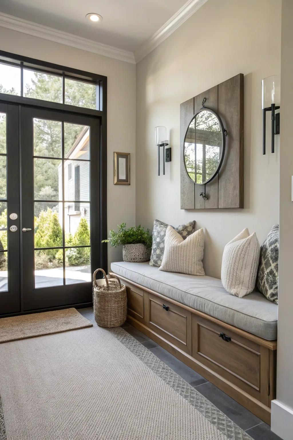 A comfortable upholstered bench enhanced with soft cushions in a modern entryway.