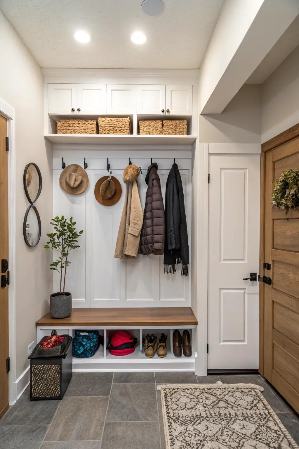 Hooks and racks ensure everyday items are always within reach.