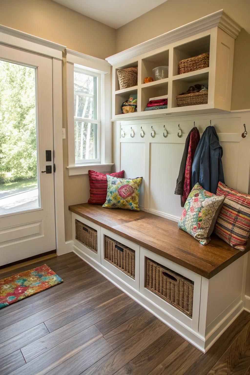 An inviting bench with concealed storage boosts both practicality and comfort.