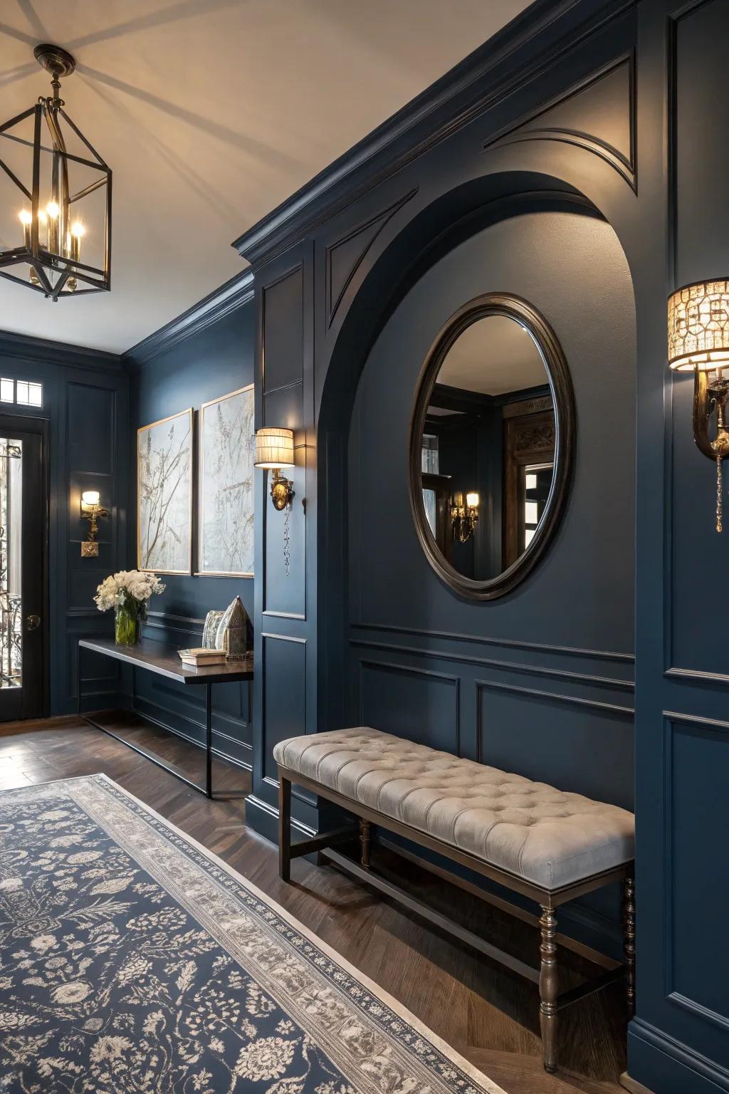 Inject drama into your entryway using striking dark teal shades.