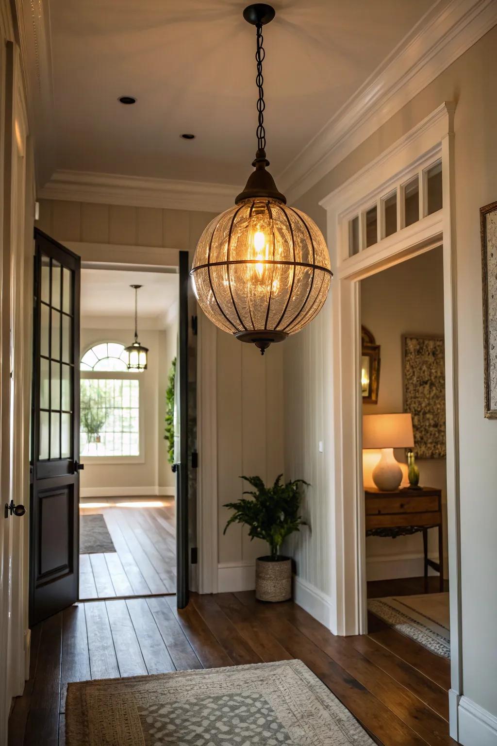 A foyer showcasing a pendant light with a unique bulb design that adds a touch of playfulness.