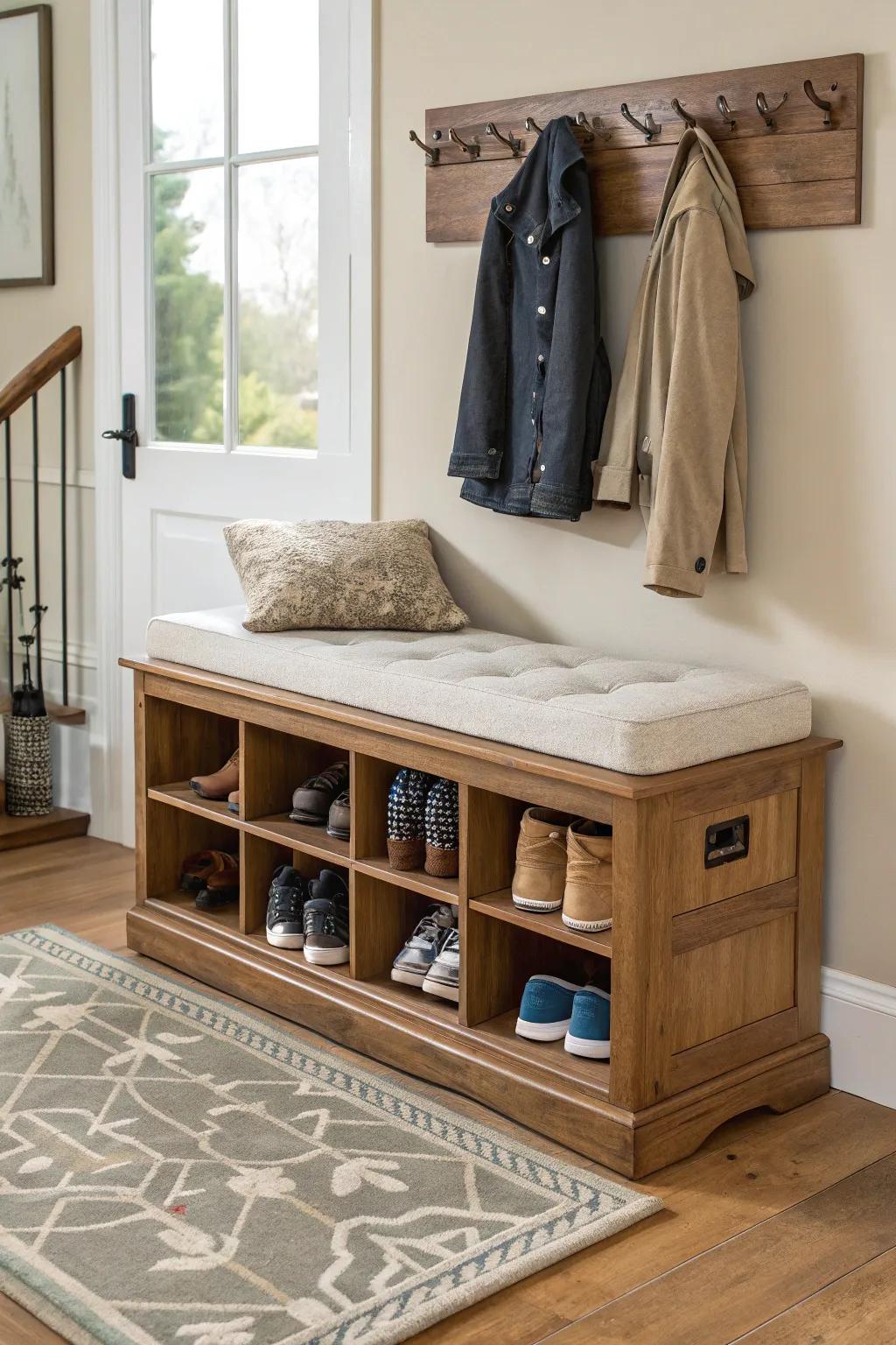 A useful shoe storage bench also provides seating.