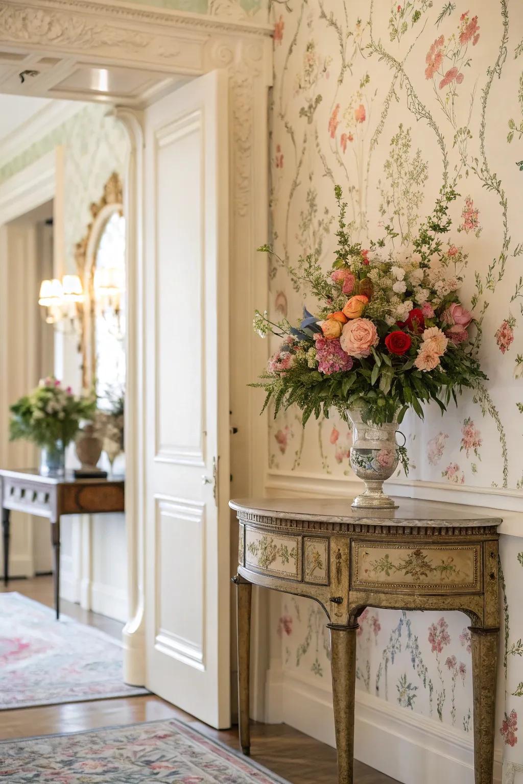 Charming entryway featuring floral wallpaper, adding a touch of natural refinement.