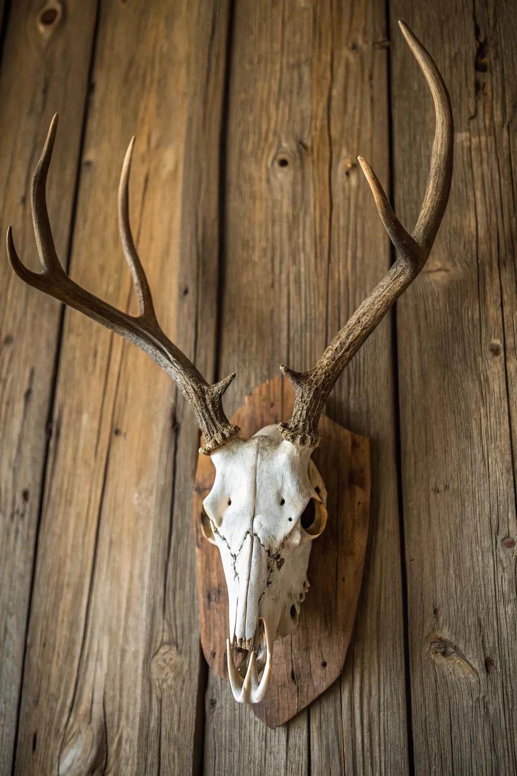 A natural wood background highlights the elegance of the deer skull.