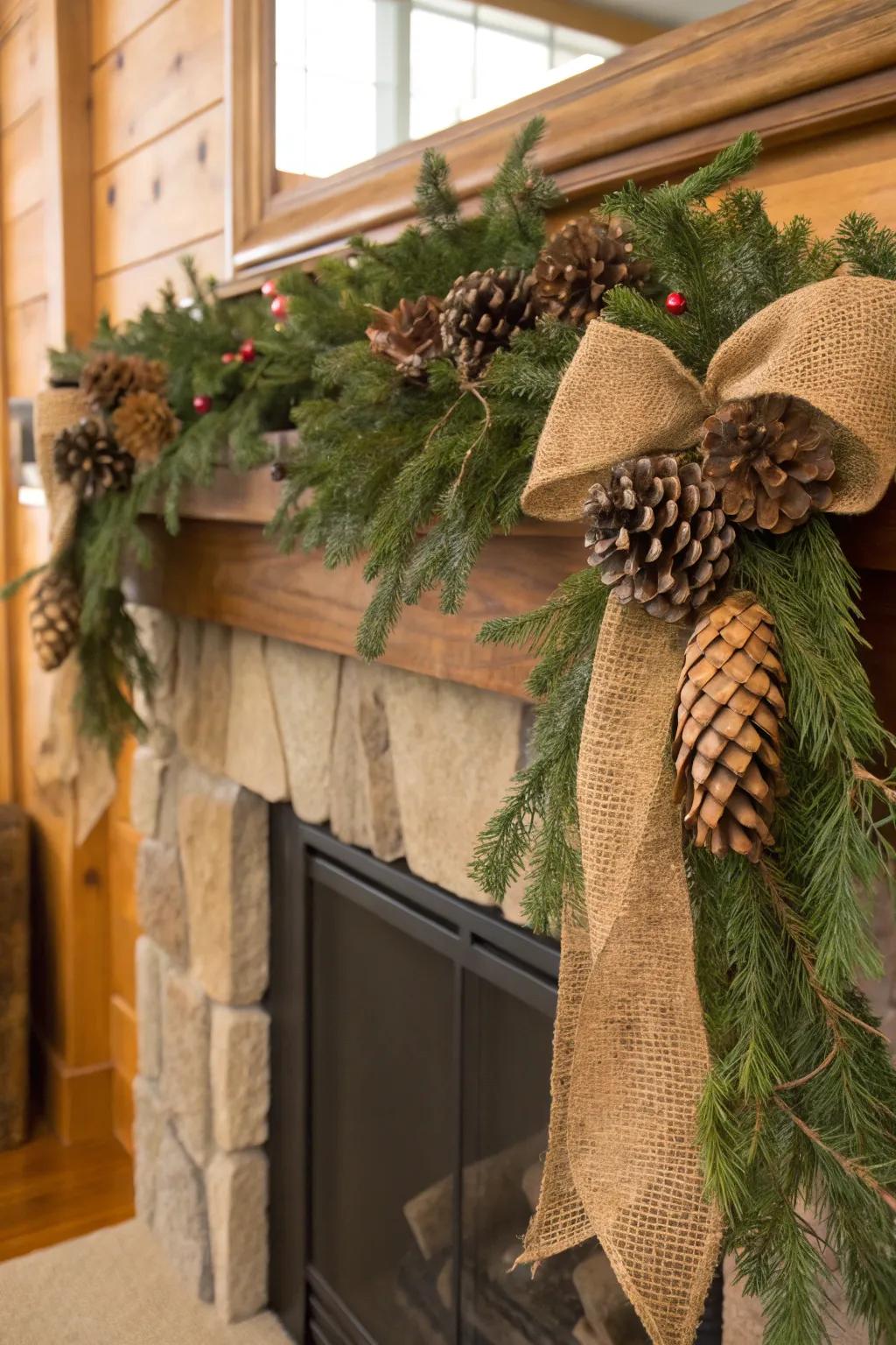 A snug, rustic swag featuring pinecones and burlap, adorning a fireplace mantel.
