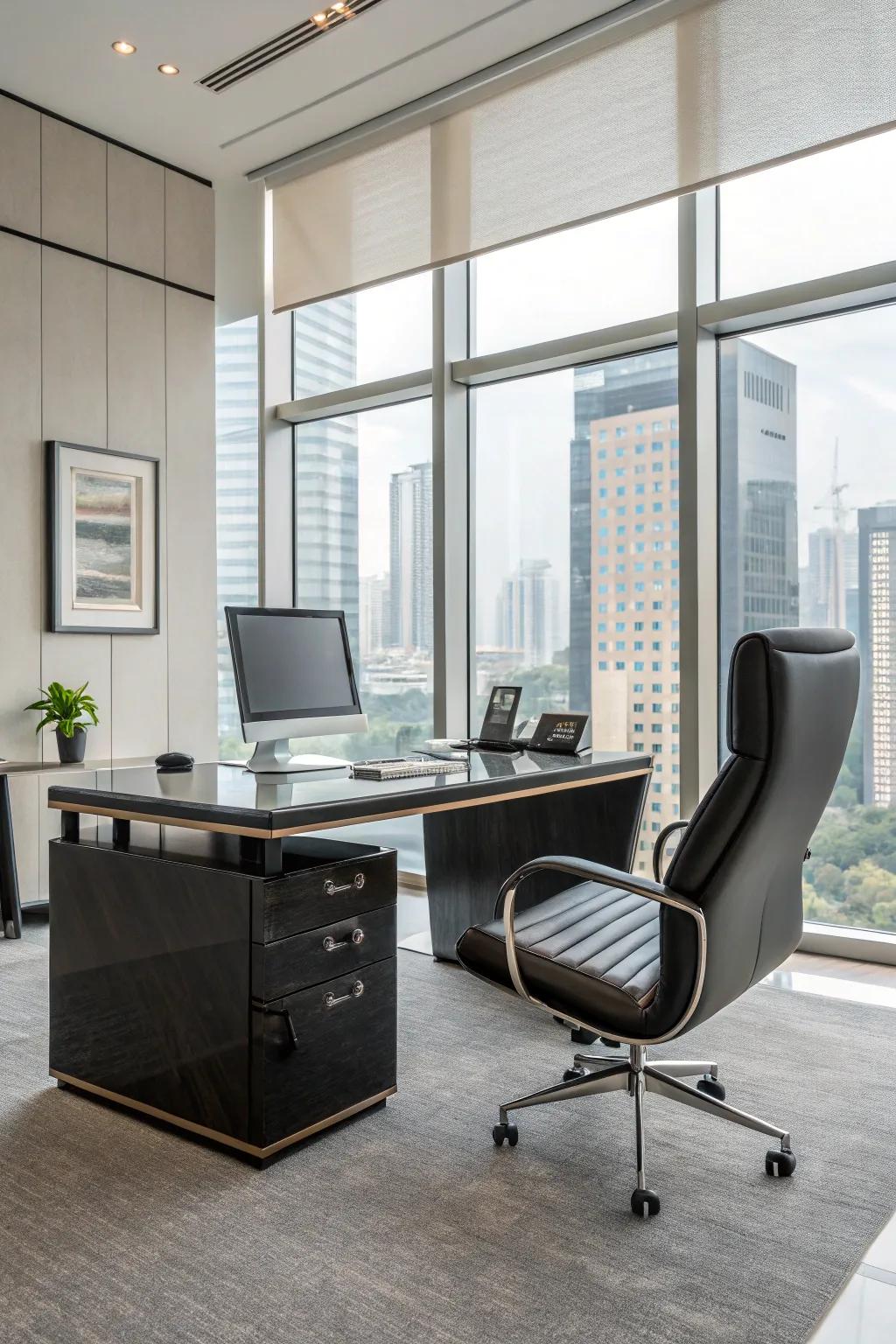 A streamlined, modern desk paired with a supportive chair.