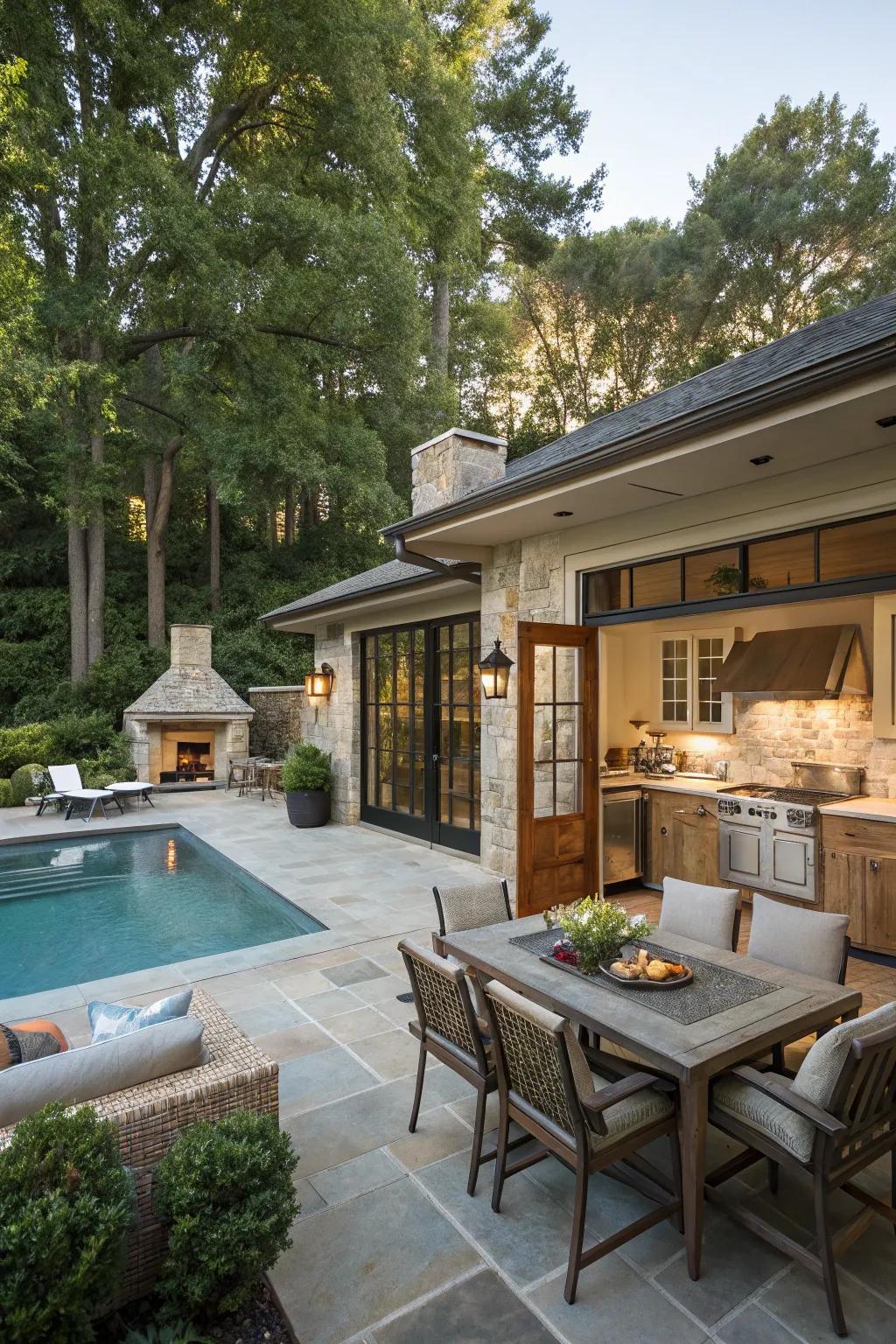 A lavish outdoor space enhanced by an outbuilding.