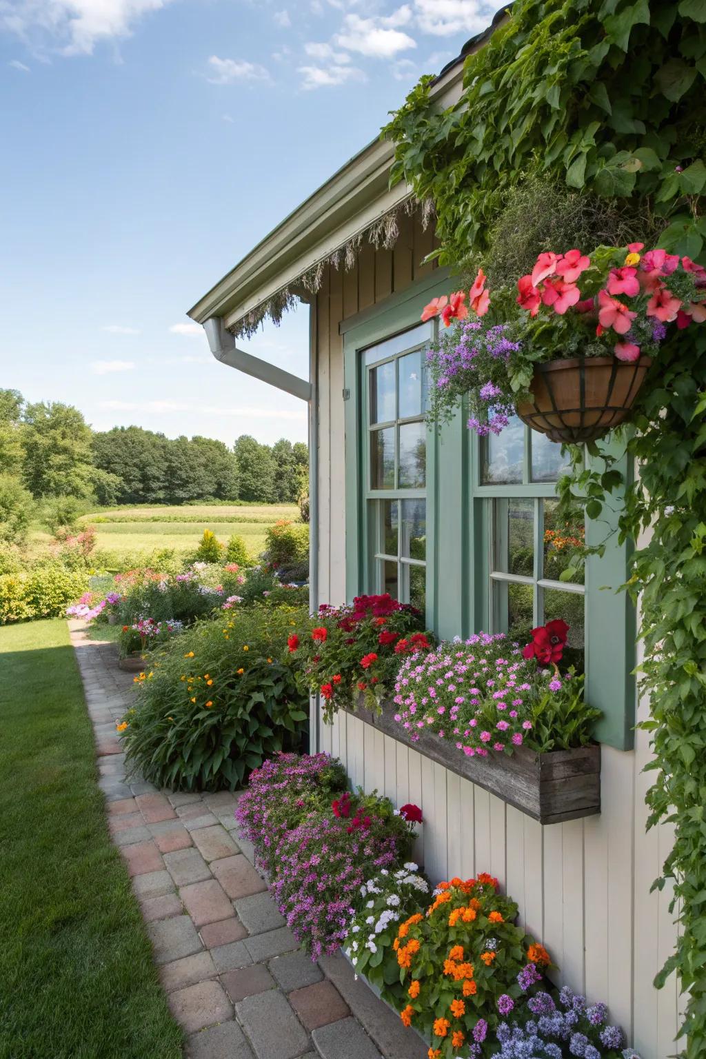 Window boxes add charm and splashes of color to a garden shed.
