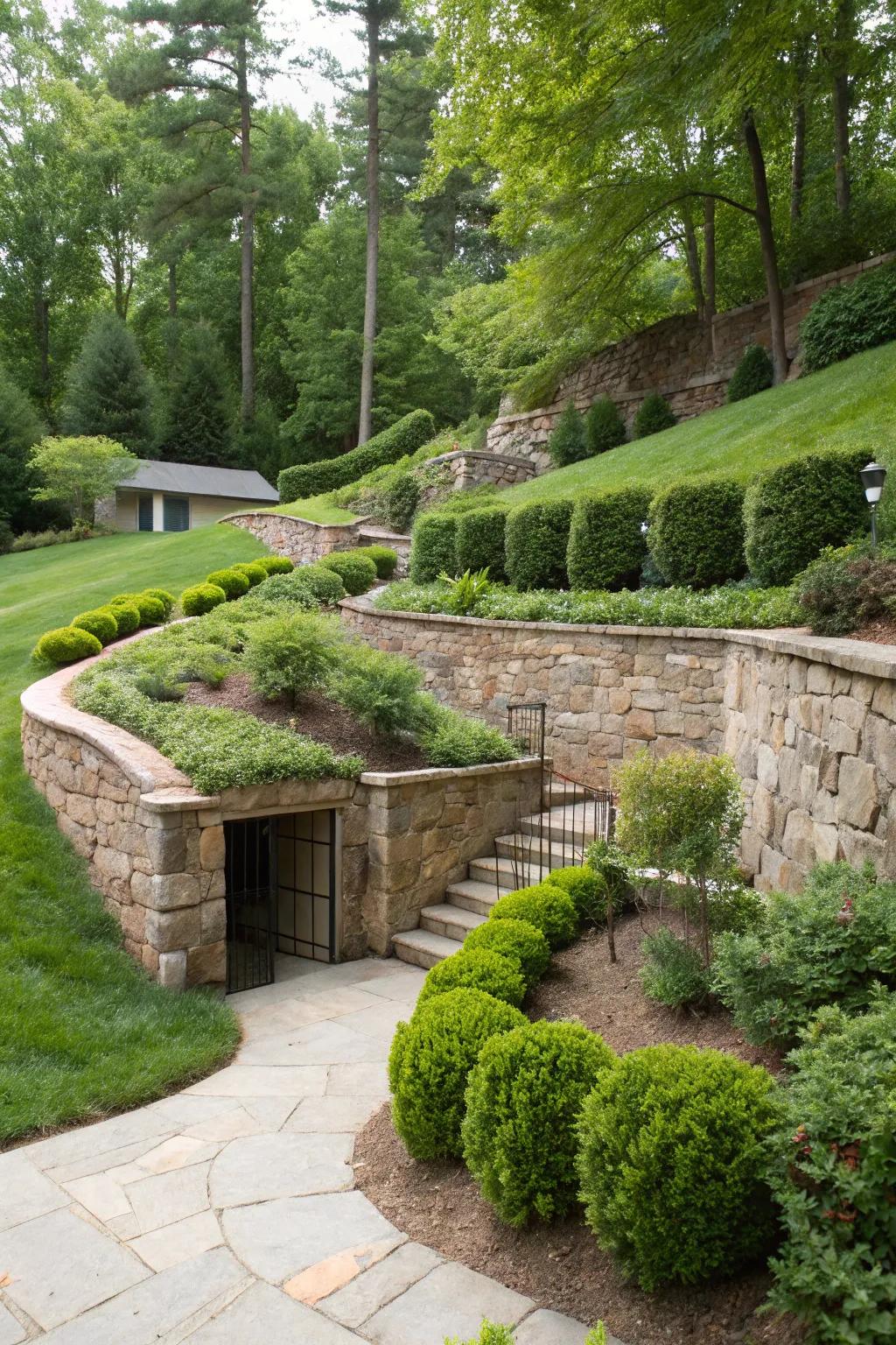 Stunning stone supporting walls merge with rich flora surrounding a basement doorway.