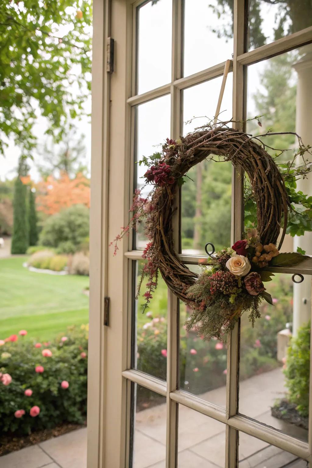 Exterior window showcasing a rustic twining vine decorative circle