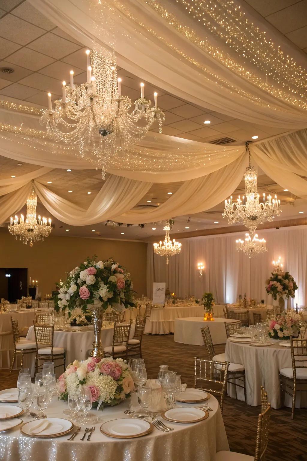 Turn any space into a stunning venue with ceiling drapes.