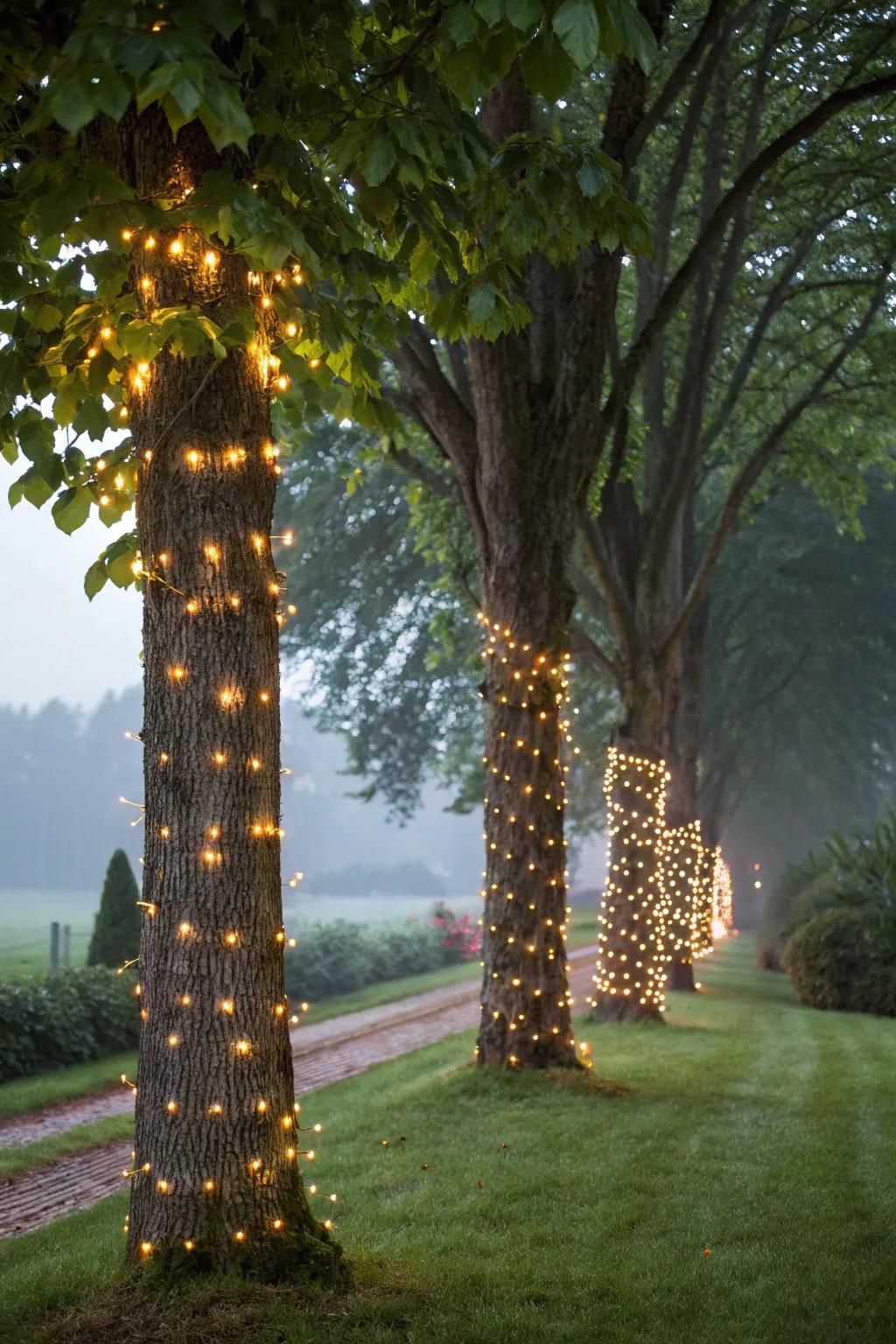 Tree bases wrapped in sparkling lights contribute an alluring radiance.