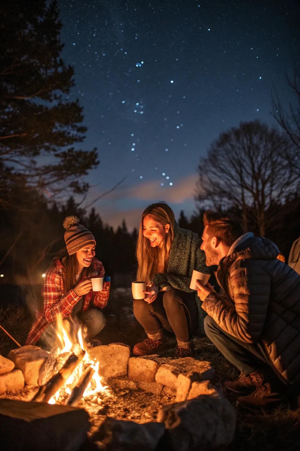 A cozy twinkling fire birthday gathering.