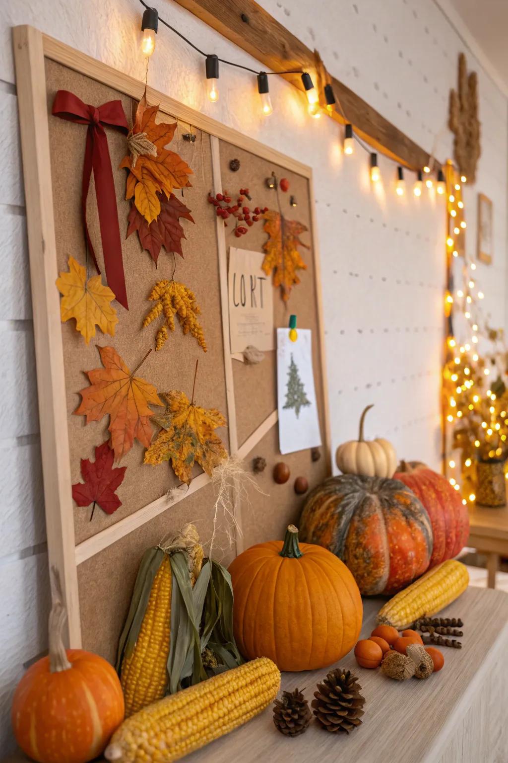 A harvest-inspired bulletin board adorned with gourds, maize, and nuts.