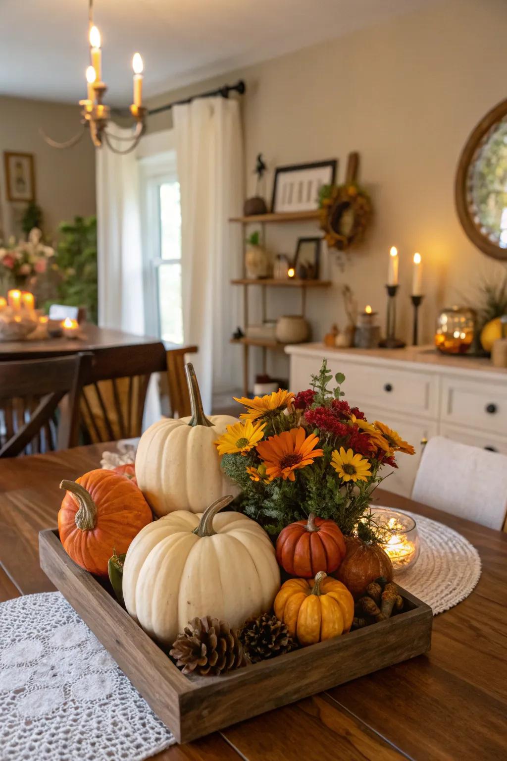 Small harvest fruits and seasonal blooms form an enthralling centerpiece.