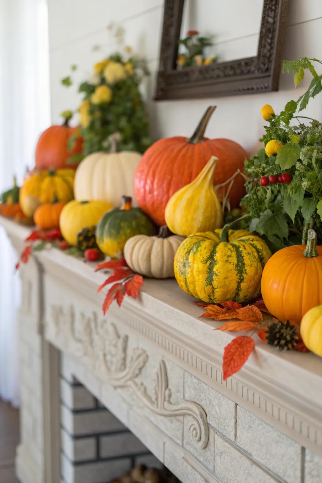 A lively array of squashes and gourds on a fall-themed mantel.