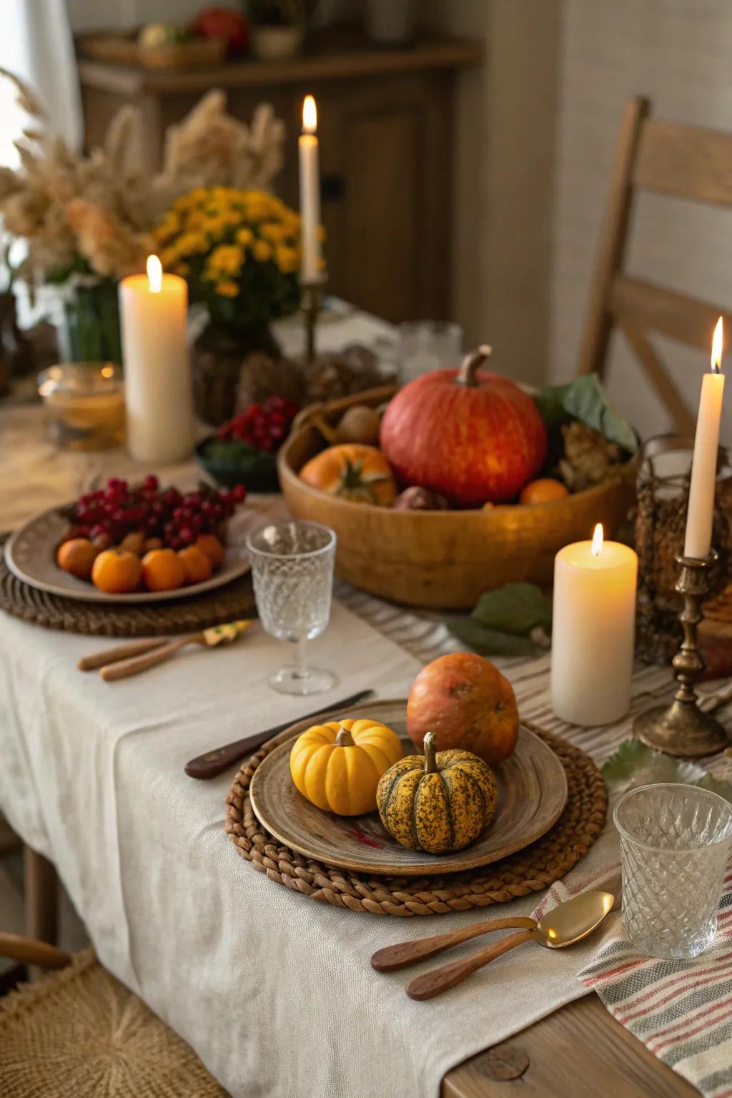An earthy table arranged for a fall harvest meal.