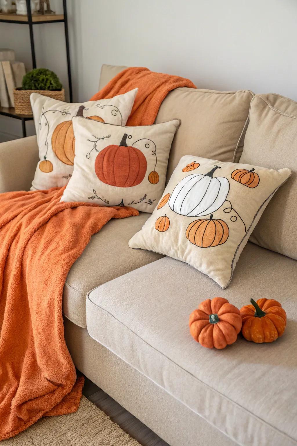Pumpkin-themed pillows to celebrate the heart of fall.