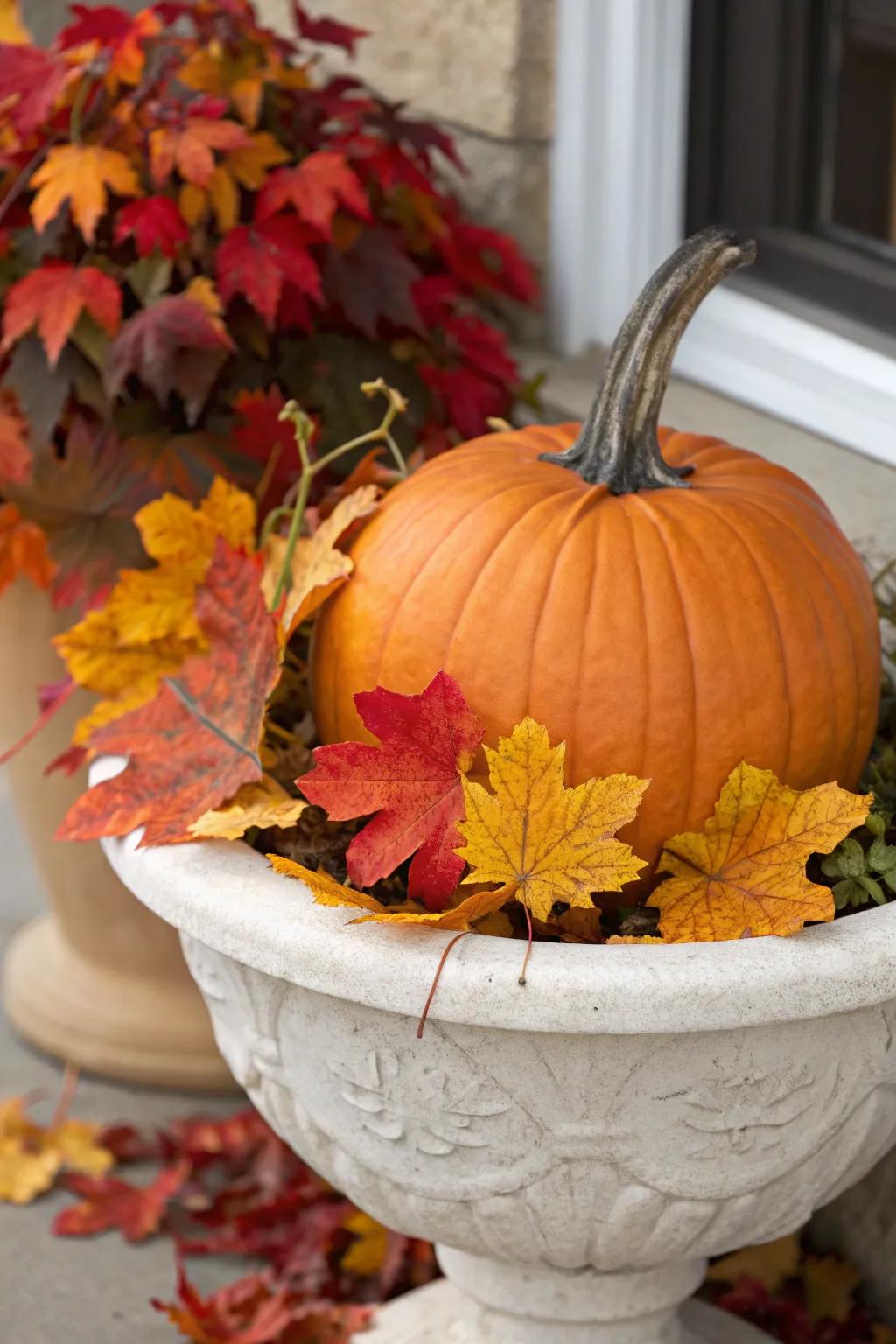 A gourd focal decor highlighted by seasonal foliage embodies the soul of autumn.