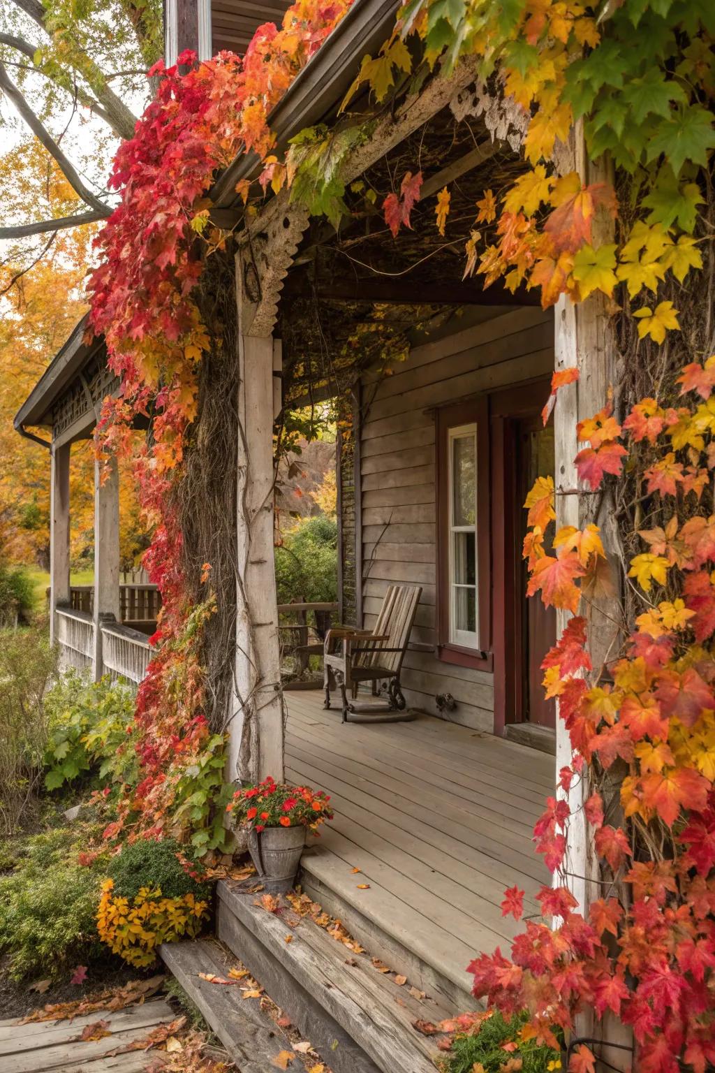 Bright autumn foliage enhances the porch decor with a hint of natural beauty.