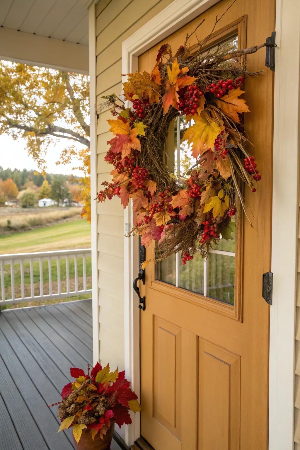 A vibrant door hanger brimming with seasonal foliage and small fruits brings warmth to your entryway.