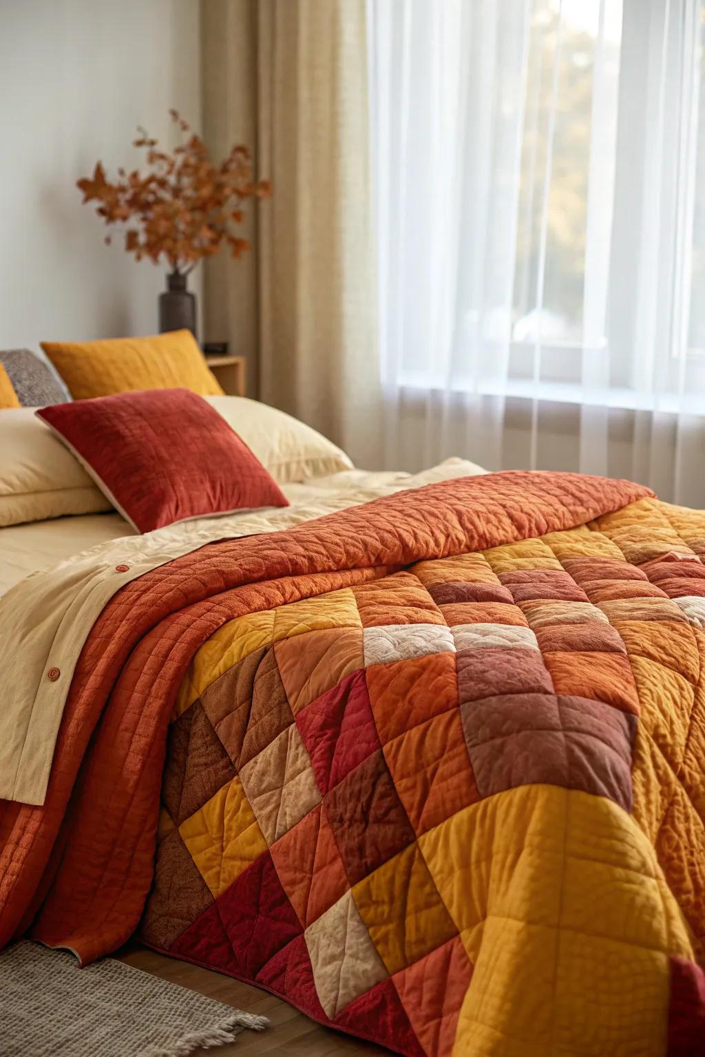 Layered stitched blankets make for a comfortable and enticing setting.