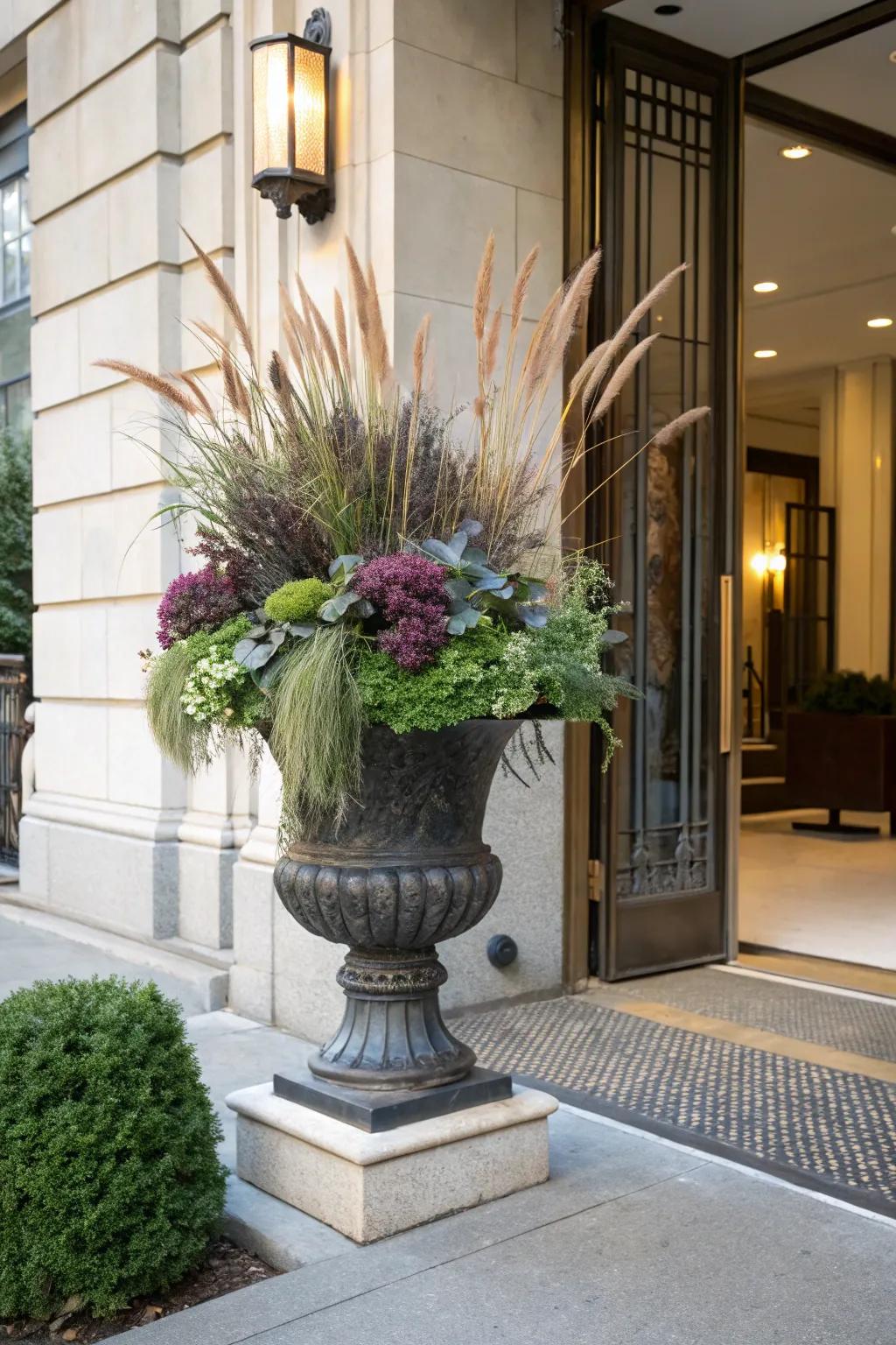Refined textures using decorative grasses and flowering cabbage in an autumnal planter.