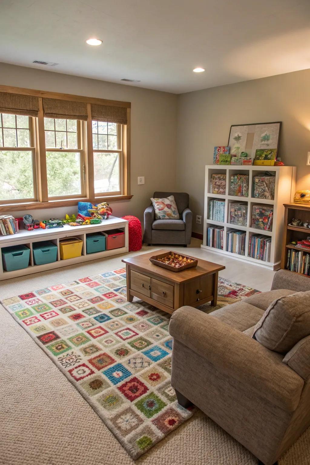 Specific areas maintain function and flow within the family room.