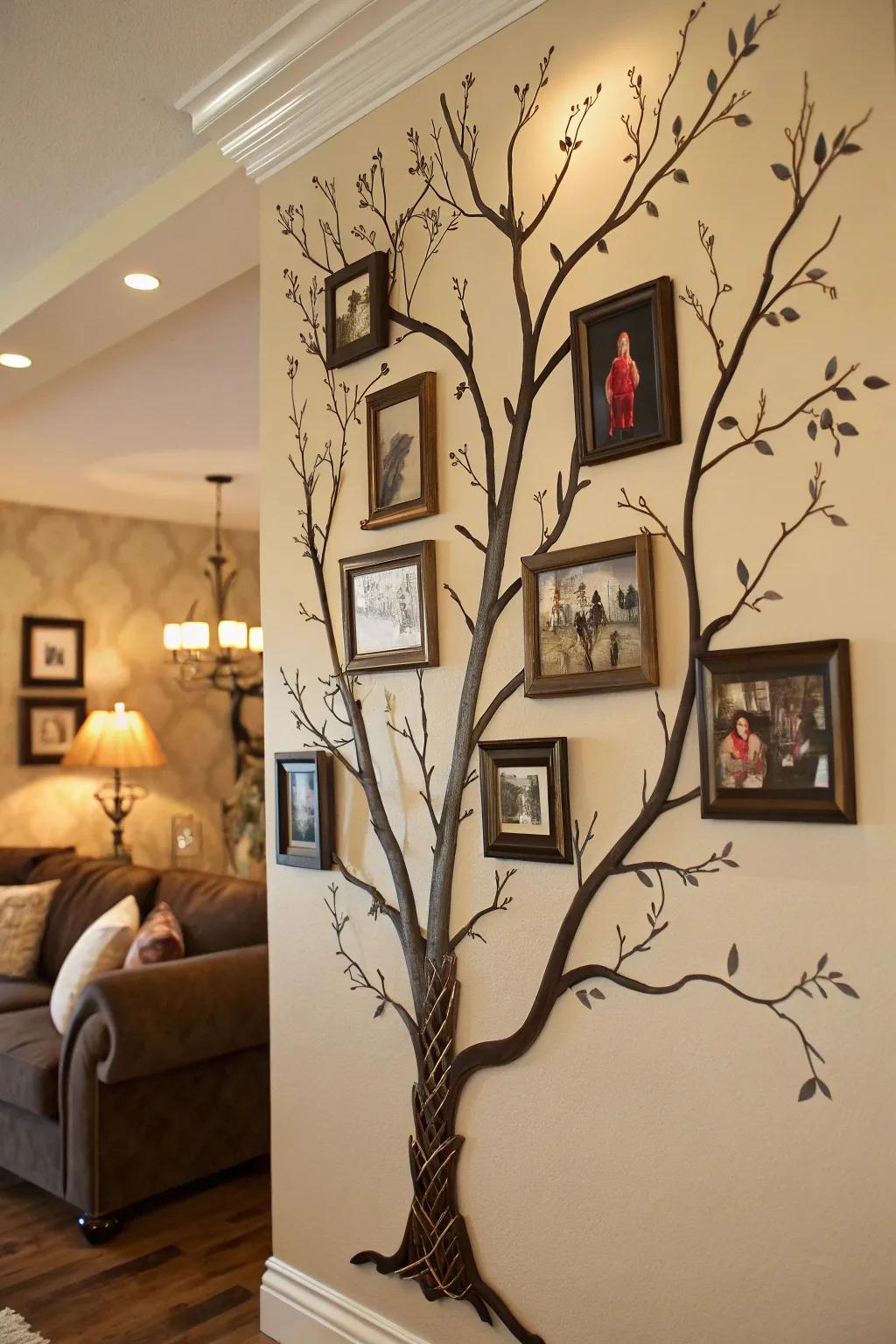An artistic family tree display featuring branches and integrated family photos.
