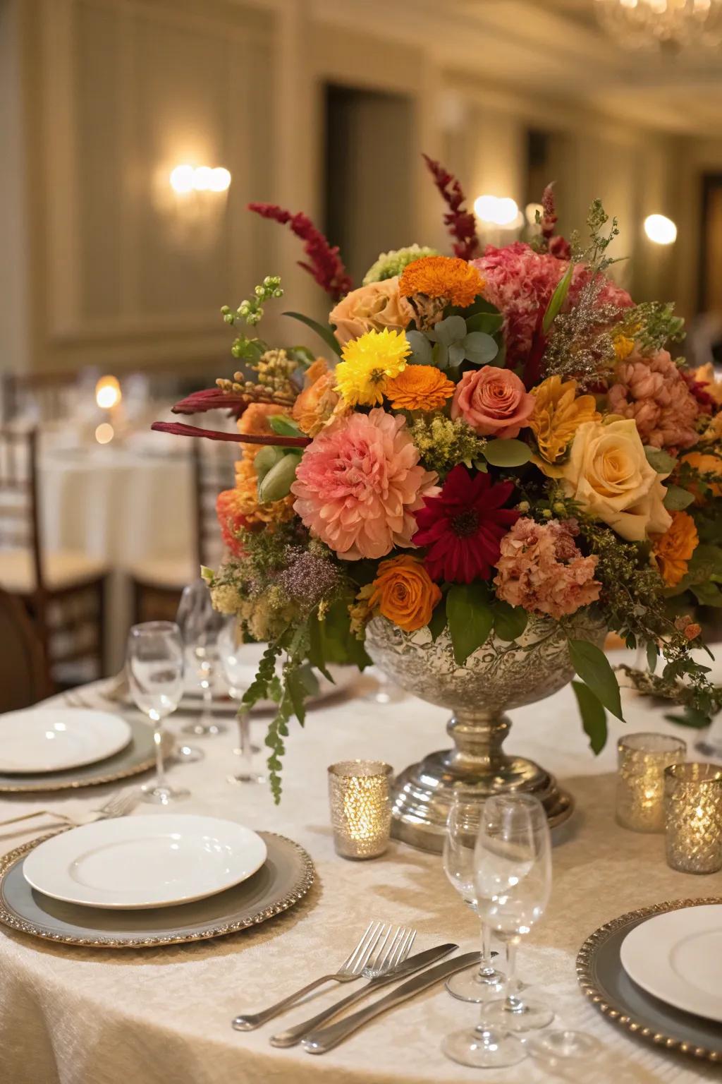 A lively floral centerpiece brings life and refinement to the table.