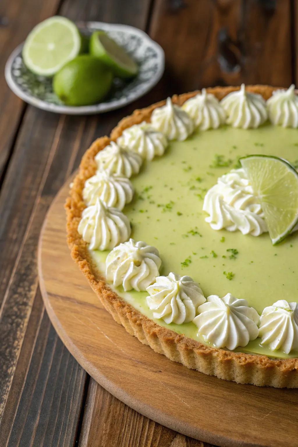 Whipped cream swirls contribute a gentle touch to this dessert.