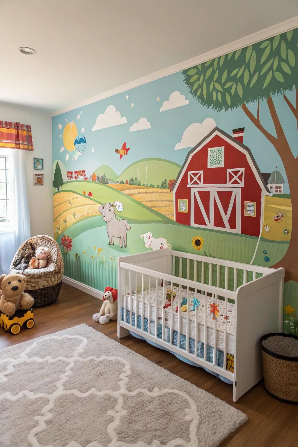 A wall design can turn a nursery into a picturesque farmyard retreat.