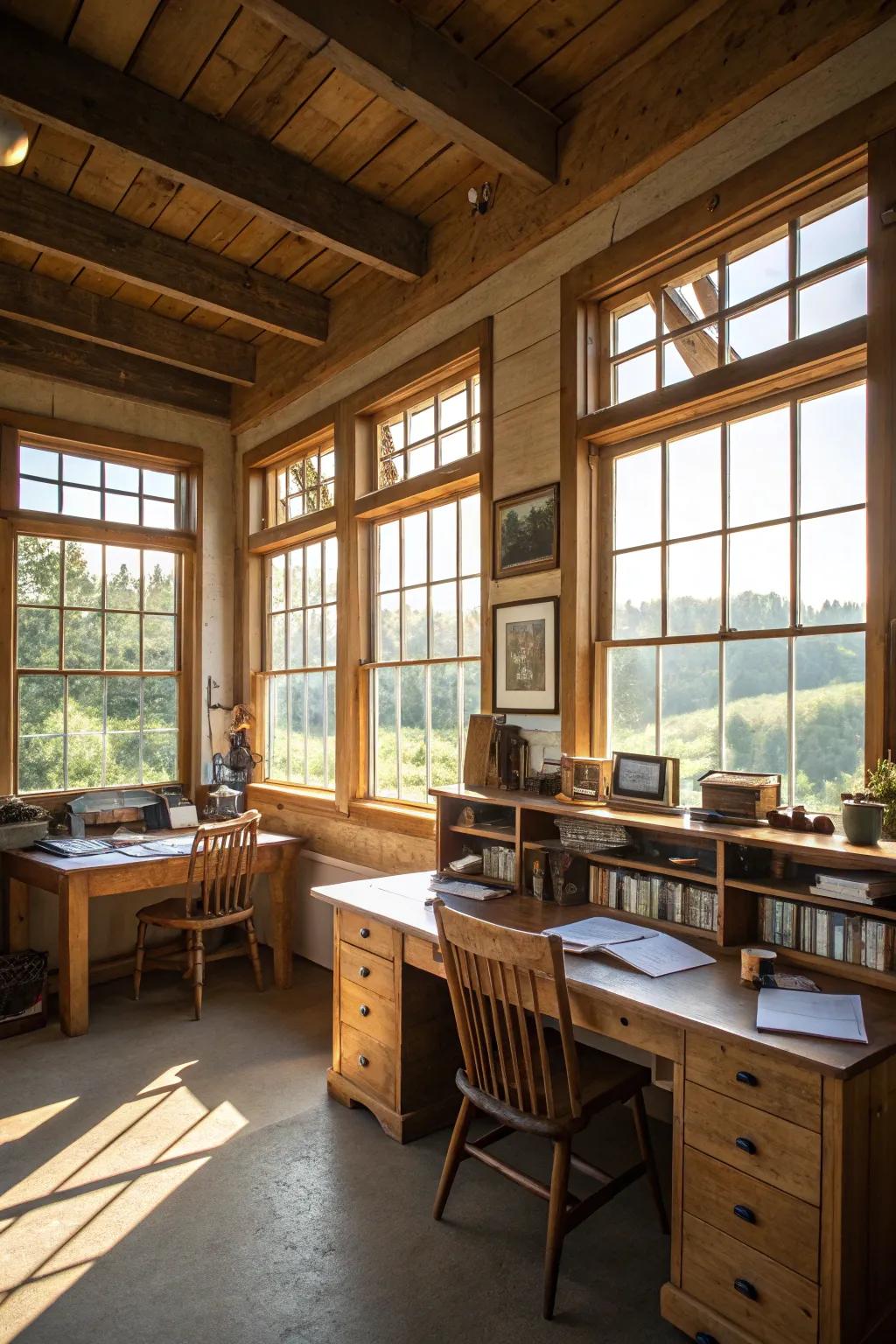 A sunlit rural home office promoting enhanced productivity.