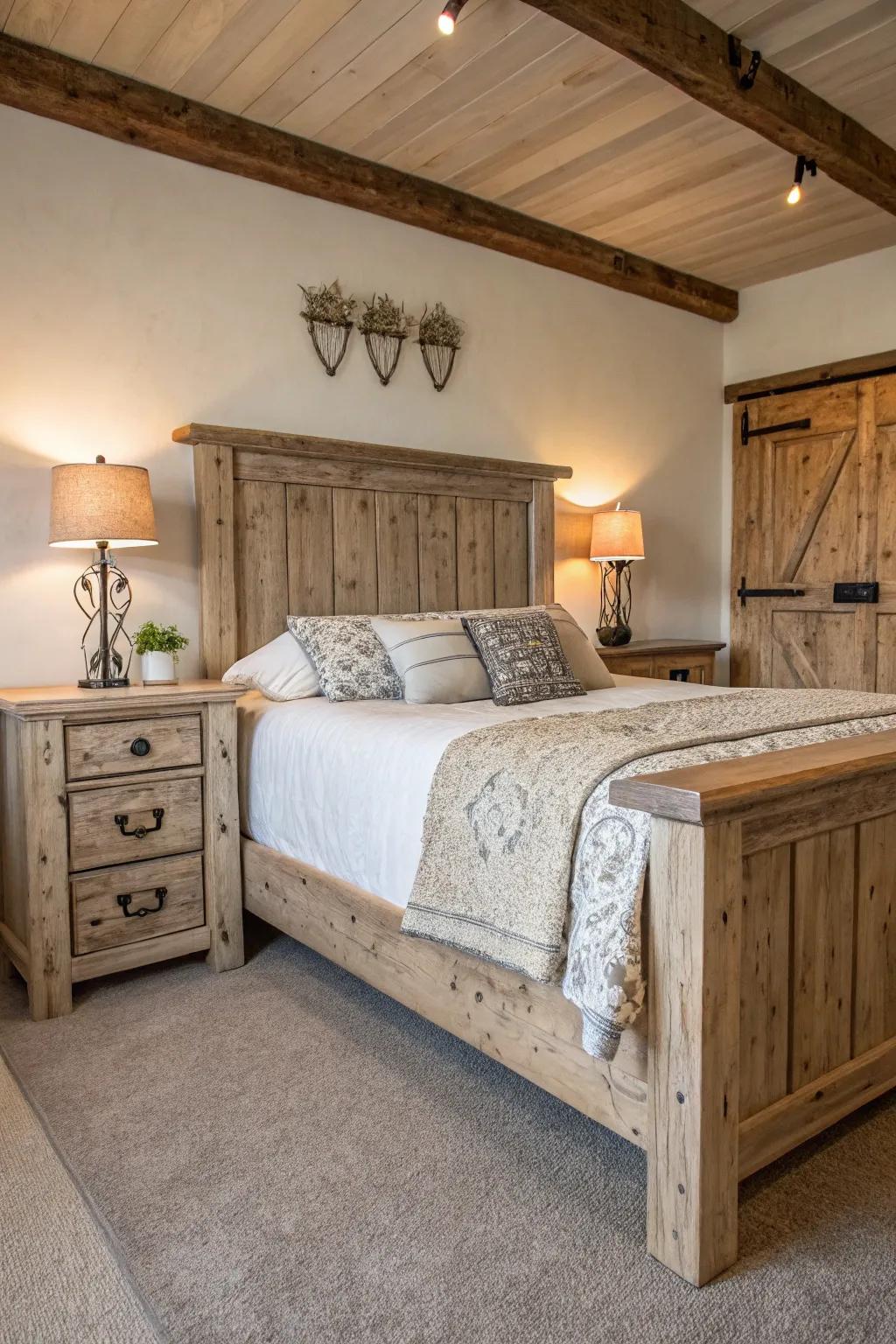 Country-style wood furnishings impart a timeless charm to any bedroom.