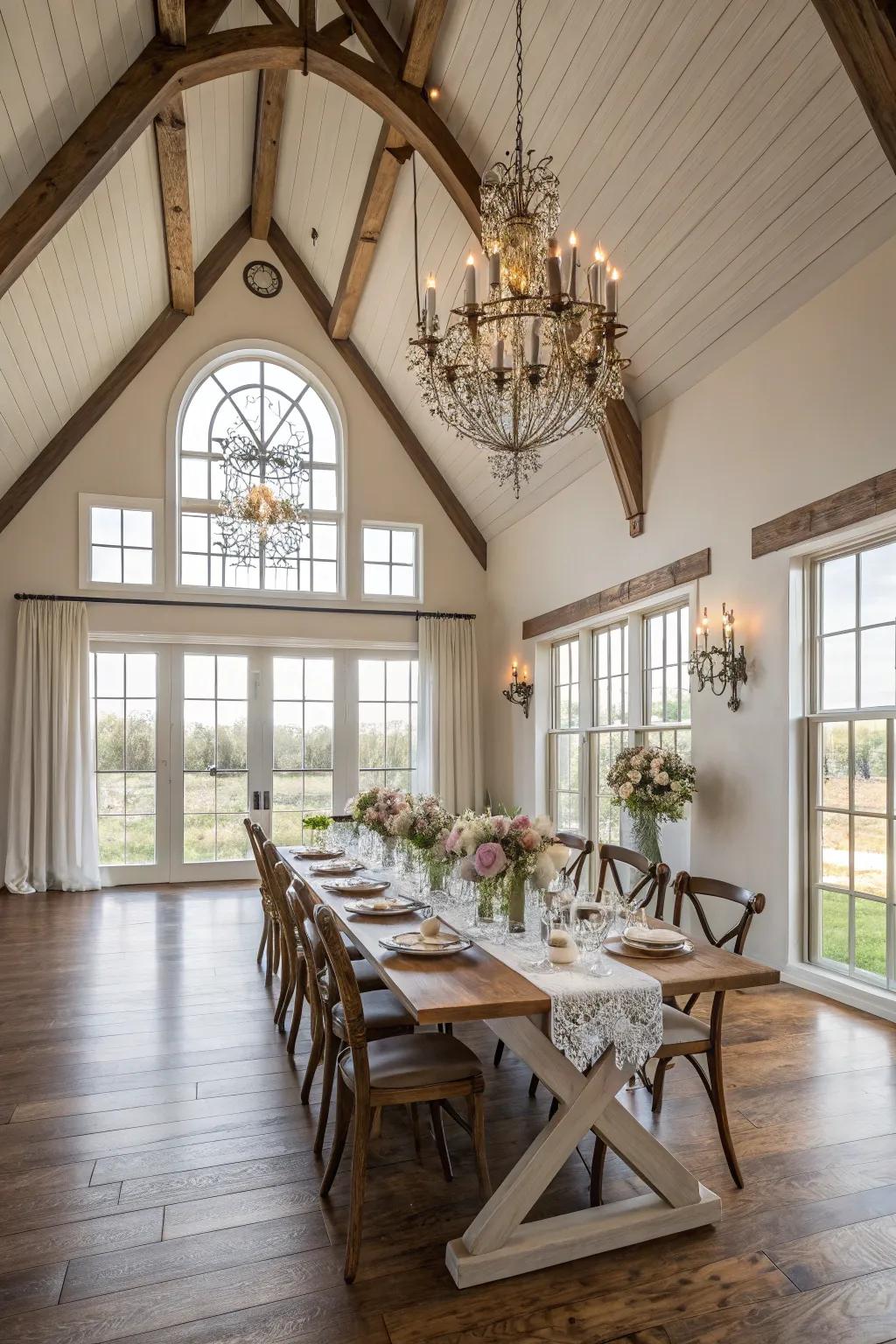 High-arched ceilings create an open and airy atmosphere in this farmhouse dining room.