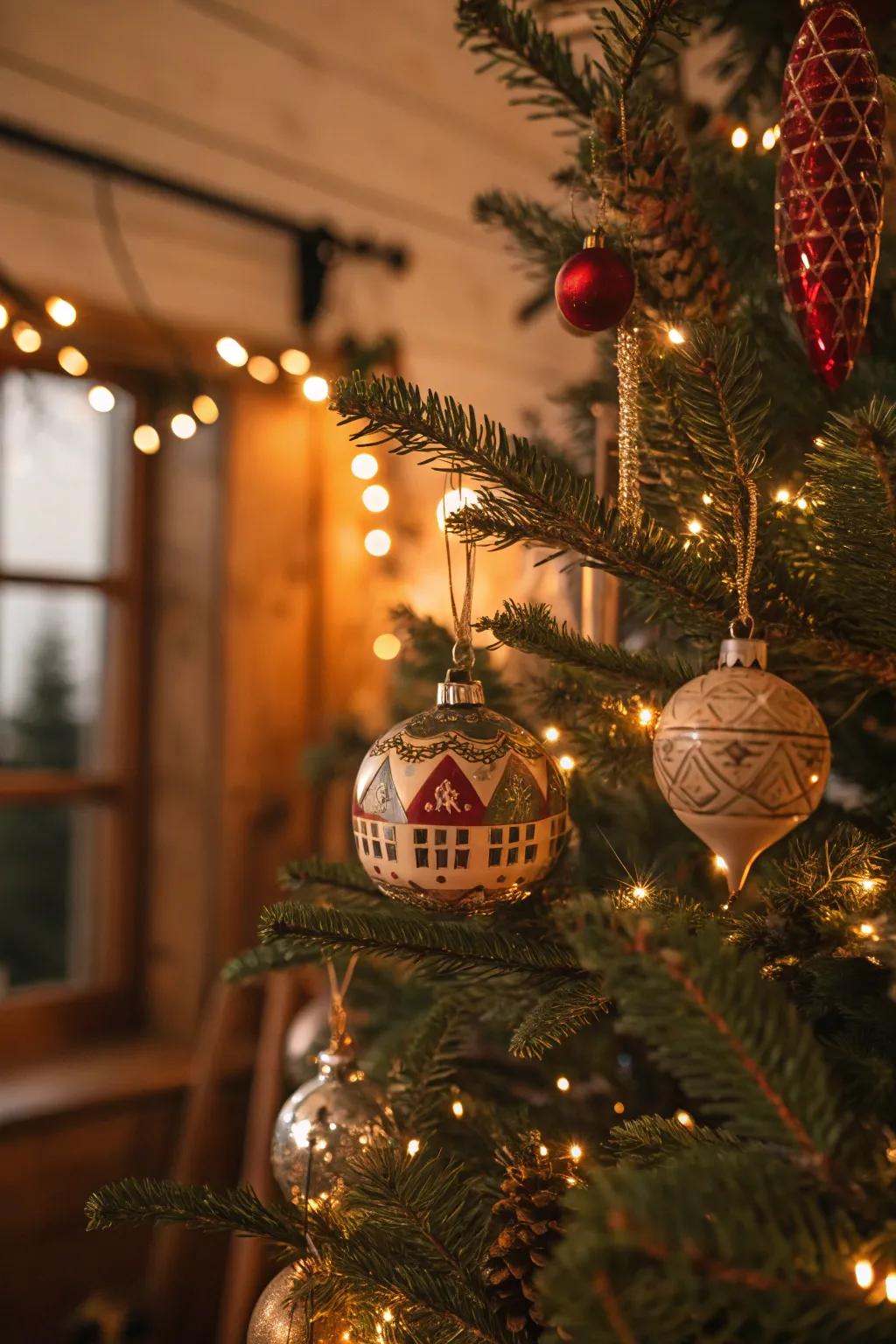 Classic decorations introduce a nostalgic feel to this farmhouse Christmas tree.